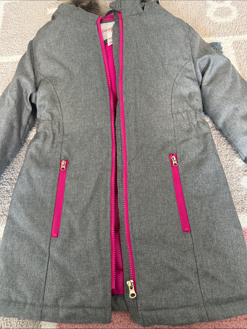Cat & Jack Gray Coat with Bright Pink Lining and Faux Fur Hood - Picture 4 of 4